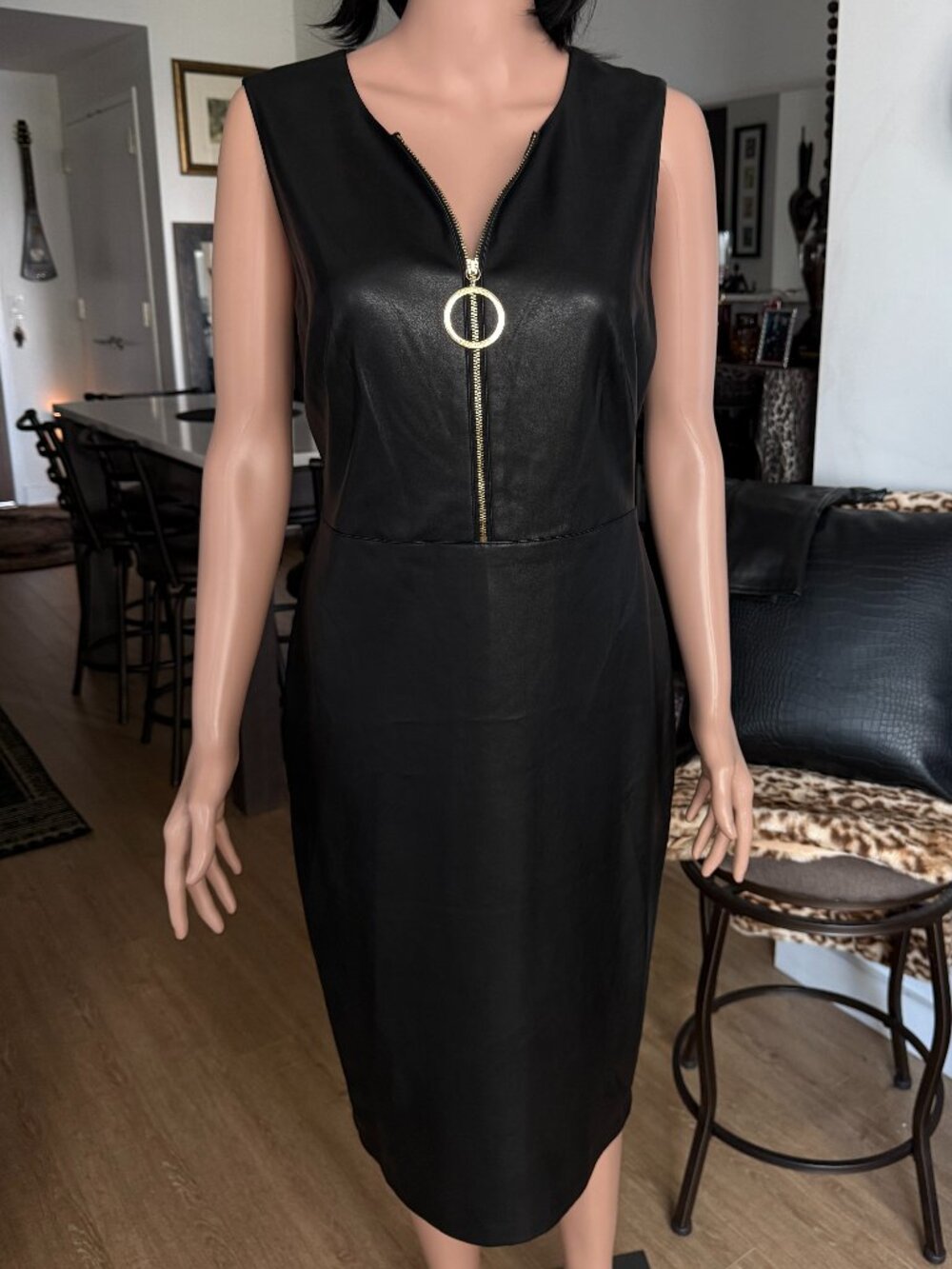 CALVIN KLEIN Black Vegan Leather Gold Zip-Front O-Ring Sheath Dress | 10 | NWT